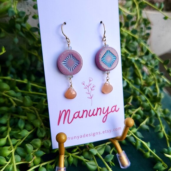 Boho Semi-Precious Stone Dangle Earrings - White, Blue, Purple - Picture 8 of 10